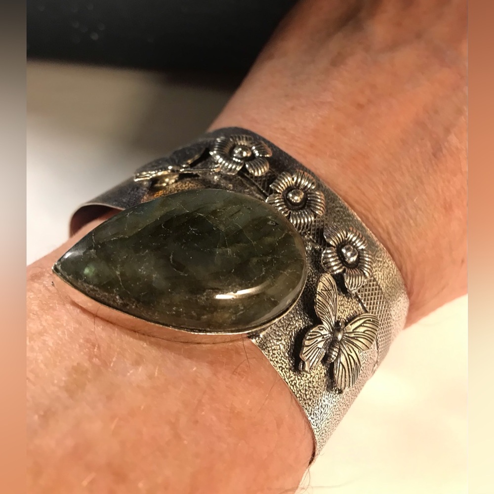 Labradorite Stamped Solid 925 Sterling Silver Cuff Bracelet